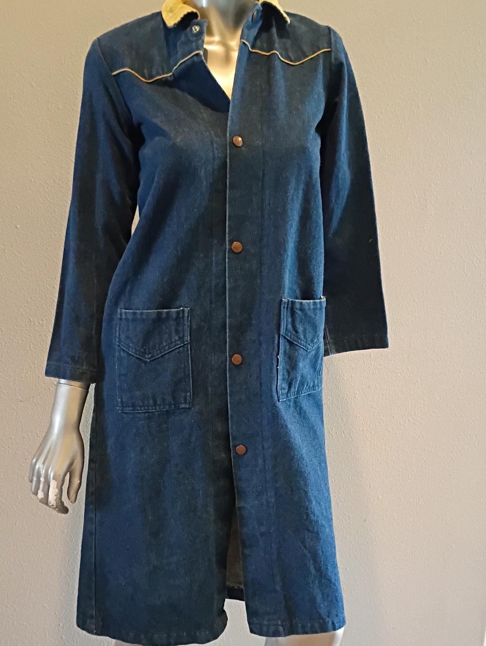 Cowboy Western Vintage Denim Duster- Sz 8-10 Kids Or XS Adult-Snaps Cord Collar